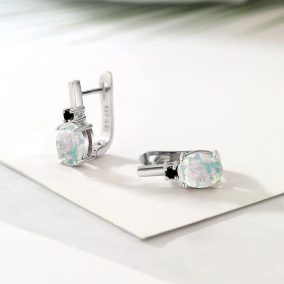 925 Sterling Silver with 3.33 Cttw White Opal and Black Diamond Oval Earrings - Picture 2 of 4